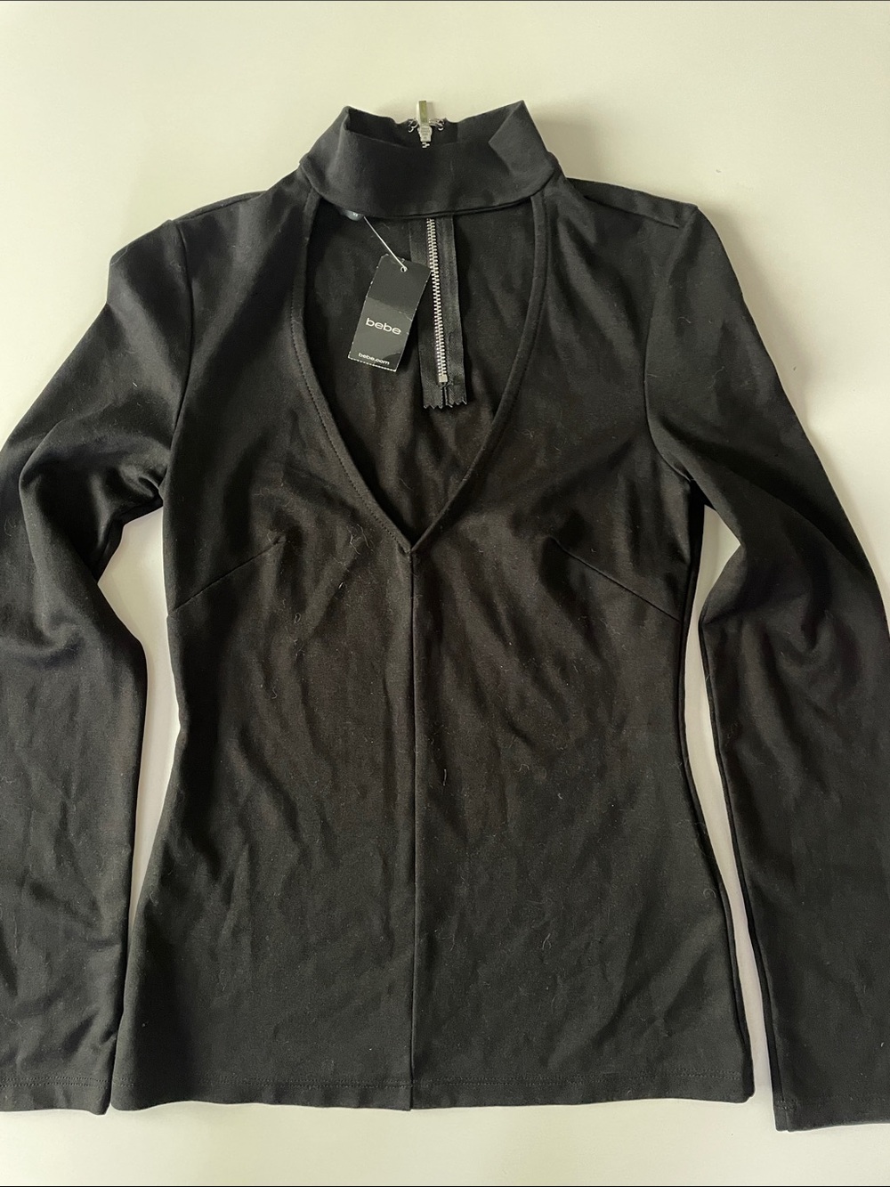 bebe Black Long Sleeve Deep V-Neck Mock Collar Top